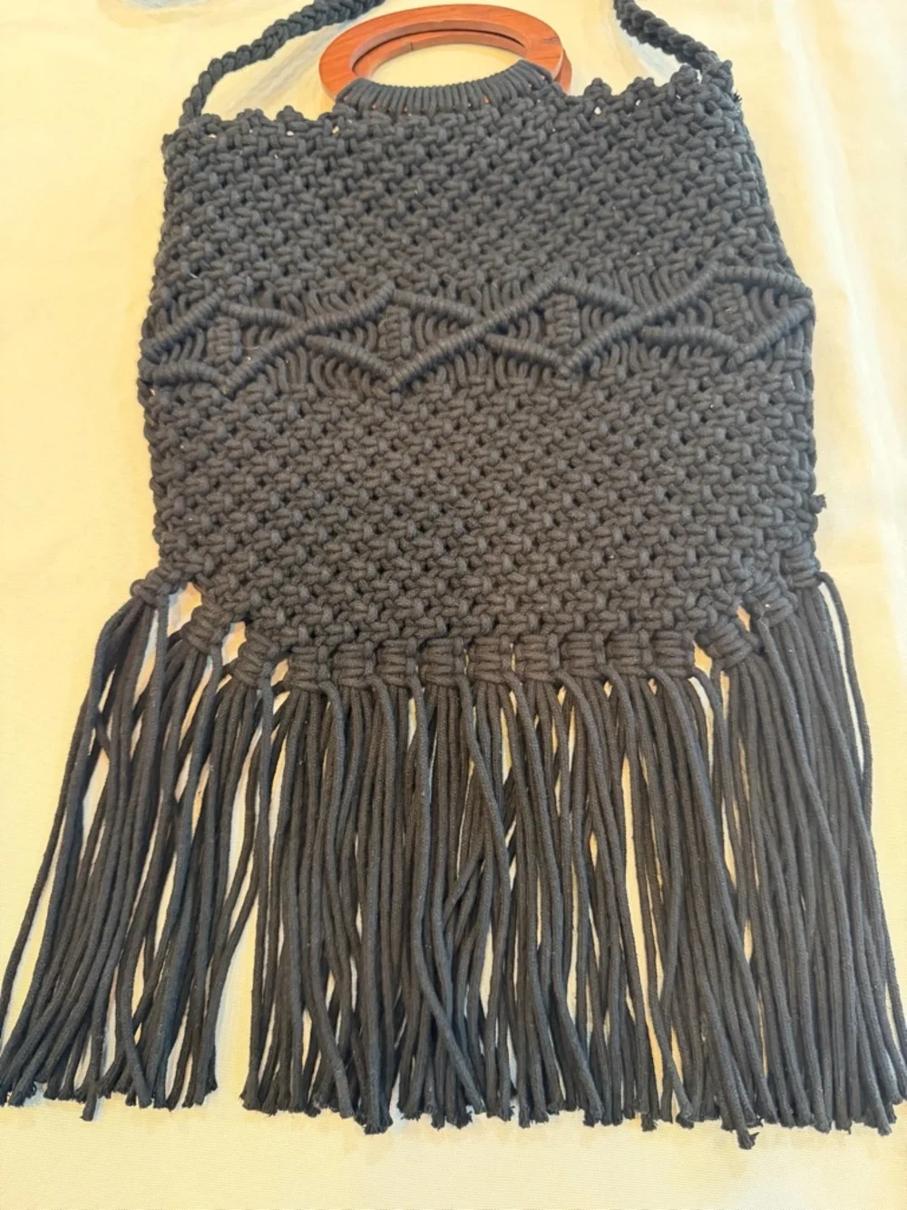 Danielle Nicole Black Macramé Fringe Bag Crossbody with Wooden Handles - Picture 2 of 10